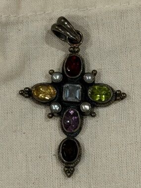 Vintage Nicky Butler NB 925 Sterling Silver Multi Gemstone Cross Pendant Pearl